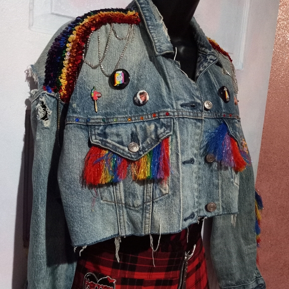 Pretty in Pride- Custom RAGE rainbow cropped denim jacket! PRICE FIRM! - Picture 6 of 15